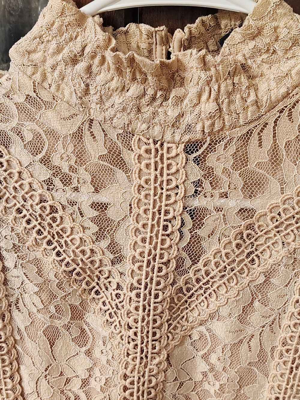 Cable & Gauge Tan Lace High-Neck Ruffle Sleeve Top. Size M.